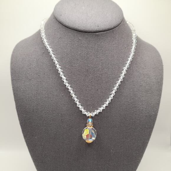 Vintage 1960s Crystal Faceted Pendant Necklace, AB Rhinestone Box Clasp, 17 Inch - Picture 2 of 11